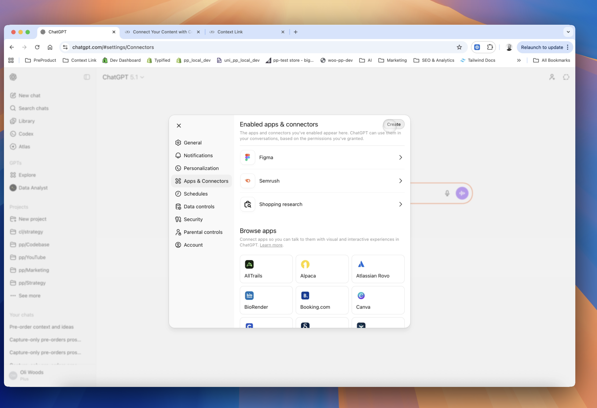 Image showing the Create button in the Apps and connectors menu