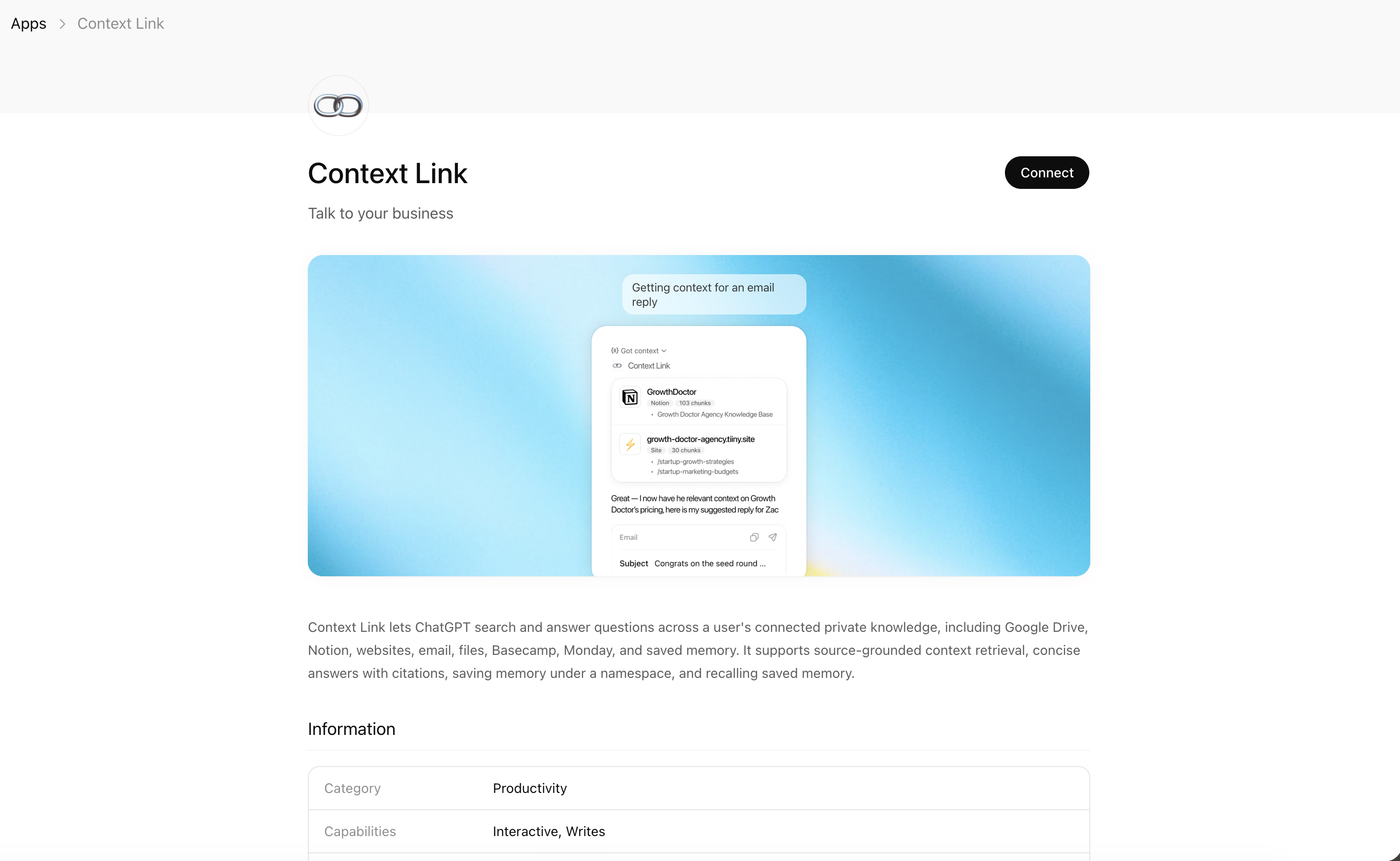 Screenshot of the Context Link app store page with the Connect button
