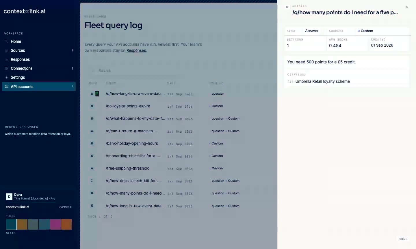 The API accounts screen, searching the fleet and opening one customer query in the fleet query log