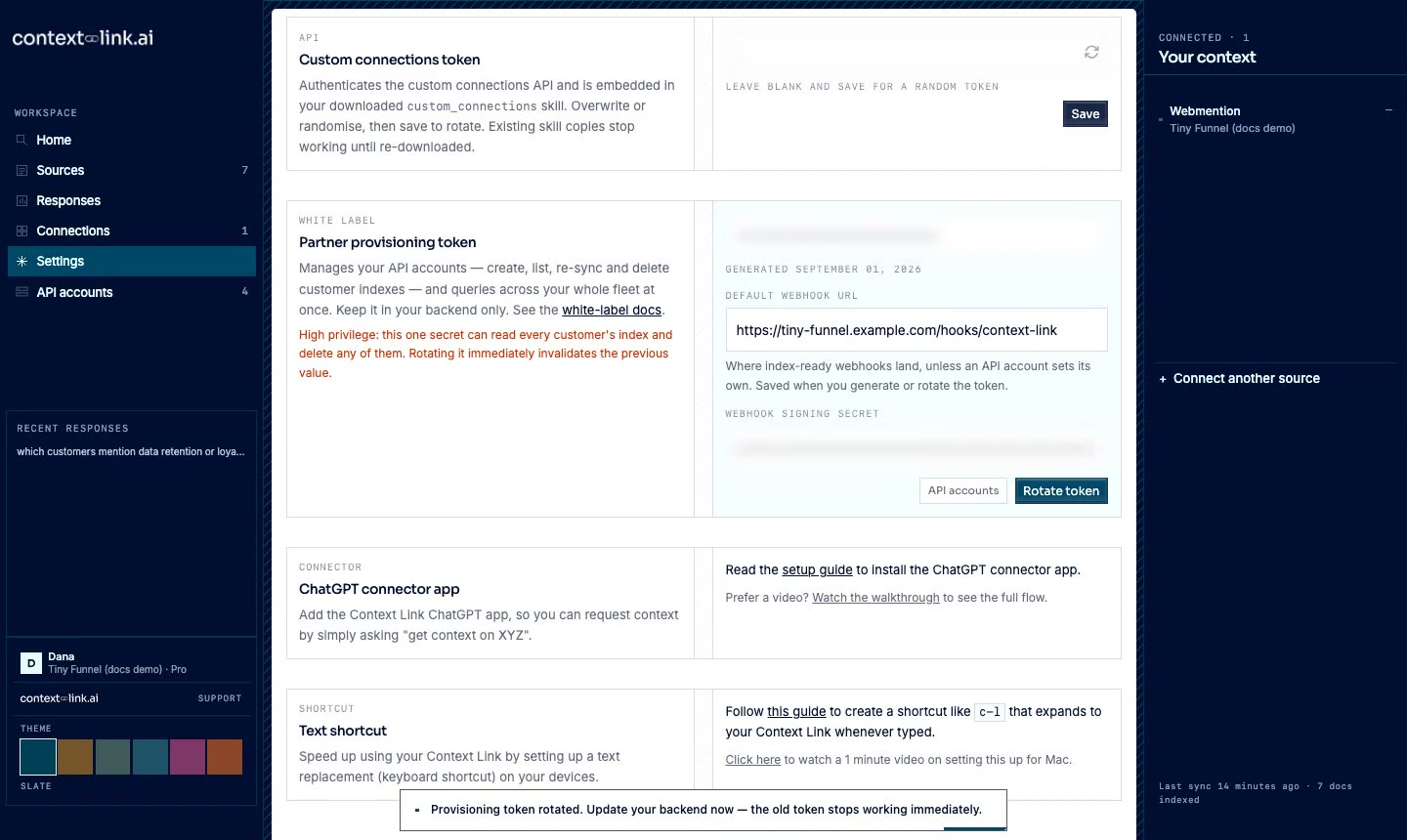 Generating the partner provisioning token and default webhook URL in Context Link settings