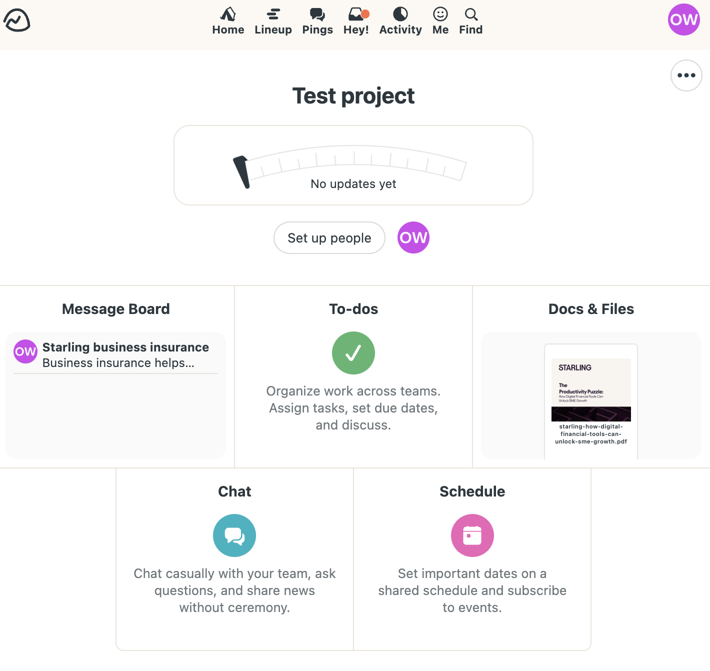A synced Basecamp project connection card showing the project name and re-sync button