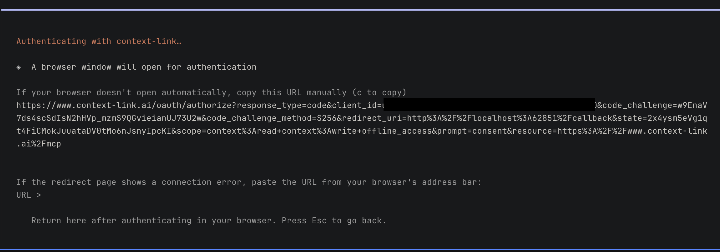 Claude Code authenticating with Context Link, showing the OAuth authorize URL it opens in the browser
