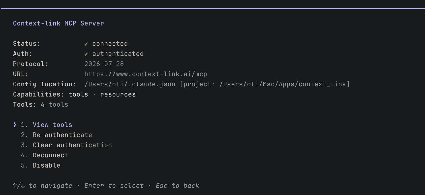 Claude Code showing the Context Link MCP server connected, authenticated, and exposing 4 tools