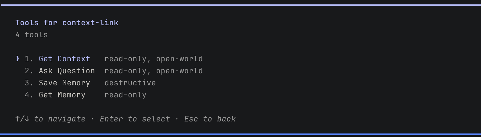 The four Context Link tools listed in Claude Code: Get Context, Ask Question, Save Memory and Get Memory