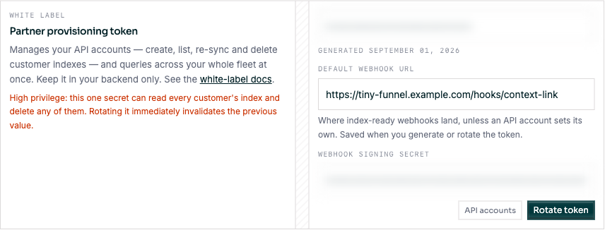 The Partner provisioning token section of Context Link settings, showing a masked provisioning token, the default webhook URL field, a masked webhook signing secret, and API accounts and Rotate token buttons.